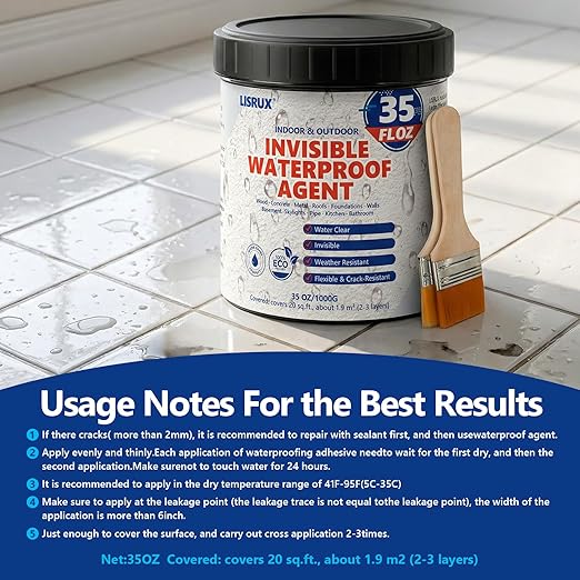 Waterproof Sealant 35 oz, Clear, Transparent Waterproof Coating, Water-Based Invisible Waterproof Agent for Roof, Wall, Garden, Terrace, Indoor and Outdoor Use