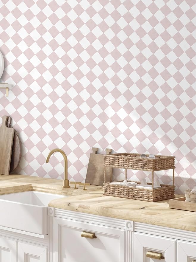 Safiyya Pink Wallpaper Geometric Checkered Peel and Stick Wallpaper Self Adhesive Removable Contact Paper Pink Check Wall Paper for Bedroom Nursery Room Cabinet 78.7"x 17.3"