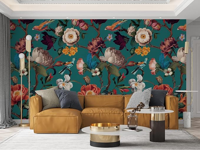 Zeeko Vintage Floral Wallpaper Peel and Stick Large Blue Flower Wall Murals for Bedroom TV Background Wall Paintings Art Deco 98" H x 59" W