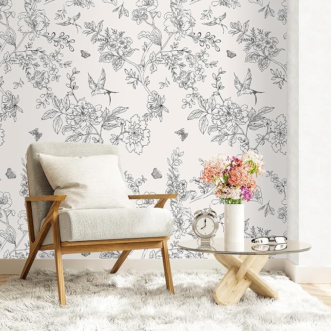 Froluya Black and Cream White Floral Wallpaper Peel and Stick Wallpaper 17.7in×196.8in Vintage Floral Contact Paper Flowers Birds Removable Self Adhesive Decorative Wall Paper for Bathroom Cabinets