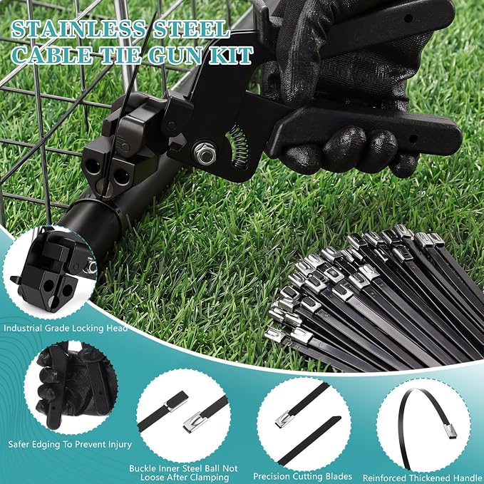 LEIFIDE Stainless Steel Cable Tie Gun Set 200 Pcs 11.8 Inch Heavy Duty Metal Zip Tie Adjustable Fastening Cutting Tool for Outdoor Exhaust Wrapping Fence Workshop (Black)