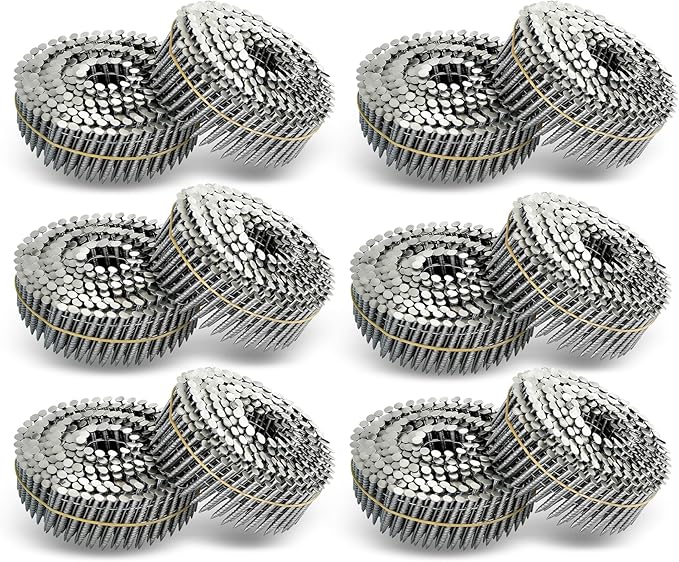 waltyotur 3600 Count Stainless Steel Coil Roofing Ring Shank Siding Nails 15-Degree Collated Wire Coil 1-3/4 Inch, 0.09 Inch Ring Shank, Small Cap Coil Stud Siding Nails
