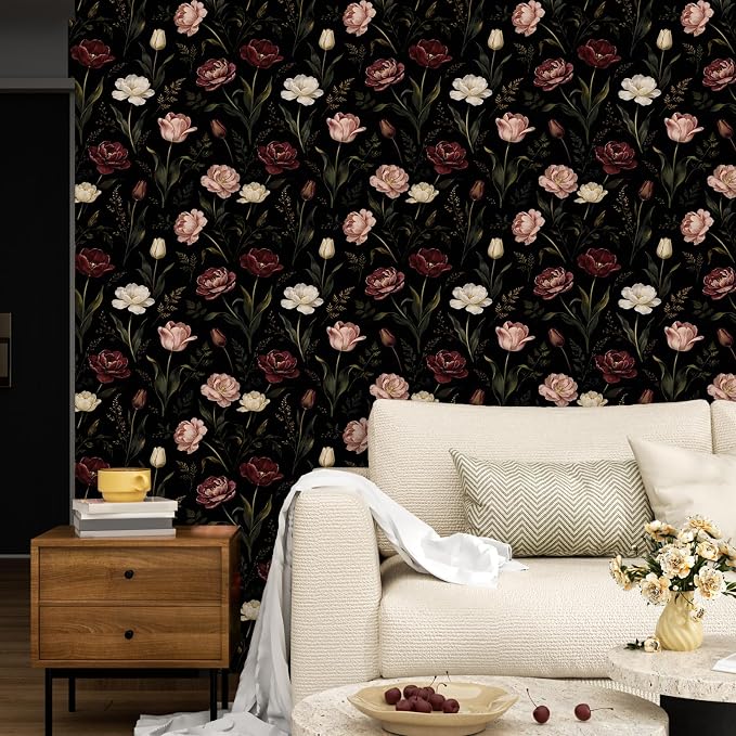 ILHIIOR Dark/Pink Floral Peel and Stick Wallpaper 17.5 x 118 Inches | Leaf Removable Self Adhesive Waterproof Contact Paper, Renter Friendly Decor for Cabinets, Drawers & Bedroom Walls