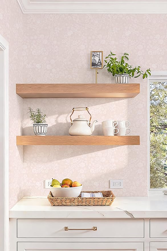 Guvana Pink and White Peel and Stick Wallpaper Floral Wallpaper Slef Adhesive Removable Waterproof Contact Paper Boho Wall Paper for Living Room Bedroom Stair Kitchen Bathroom 17.3''x394''