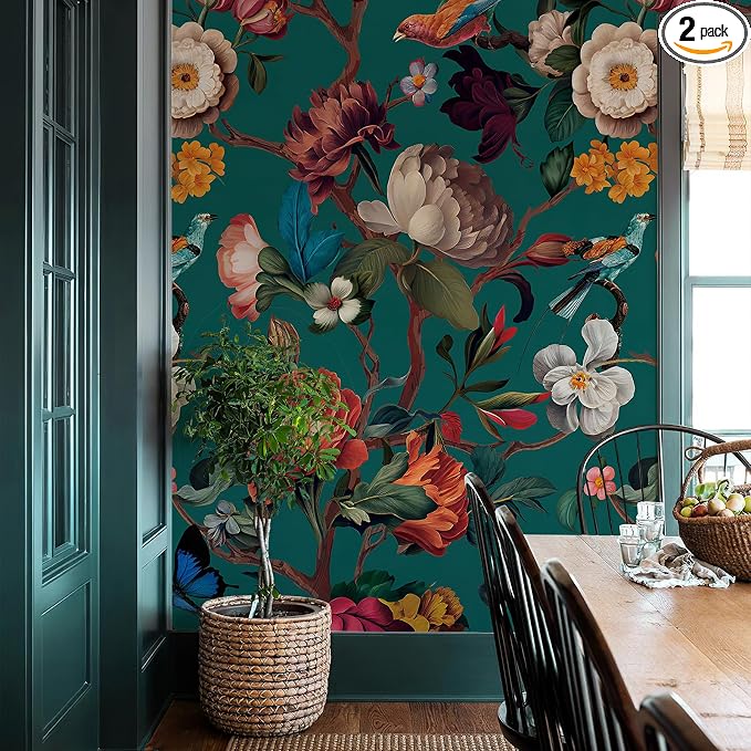 Zeeko Vintage Floral Wallpaper Peel and Stick Large Blue Flower Wall Murals for Bedroom TV Background Wall Paintings Art Deco 98" H x 59" W