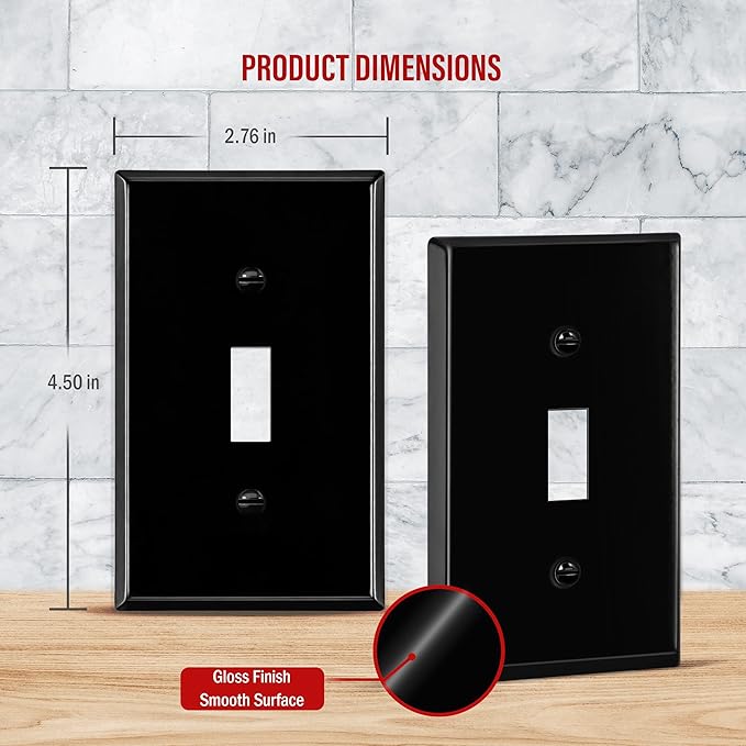 ENERLITES Toggle Light Switch Metal Cover Plate, Wall Plate, Corrosion Resistant, Standard Size 1-Gang 4.50" x 2.76", Powder Coated Stamped Steel, 7711-BG, Black Gloss