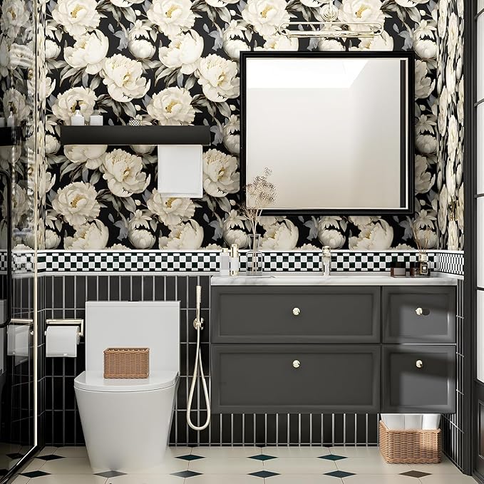 ILHIIOR Black/White Floral Peel and Stick Wallpaper 17.5 x 393 Inches | Leaf Removable Self Adhesive Waterproof Contact Paper, Renter Friendly Decor for Cabinets, Drawers & Bedroom Walls
