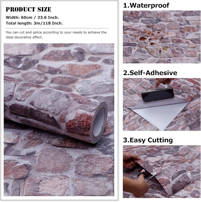 Red Brick Wallpaper Peel and Stick Realistic Distressed Textured Rock Stone Waterproof Self Adhesive Contact Paper Vintage Removable Vinyl Wall Paper Faux Brick Look Wall Covering 23.6" X 118"