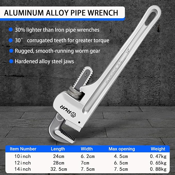 Verida Aluminum Pipe Wrench Set, 10", 12", 14", 3-piece, 40% Lighter, Reducing Hand Fatigue. Adjustable Plumbing Wrench Set, Wider Application Range