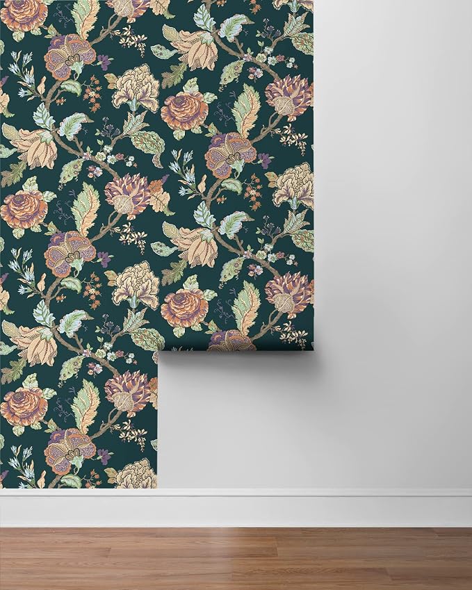 NextWall Kianna Jacobean Floral Peel and Stick Wallpaper (Victorian Jade)