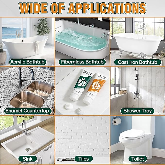 Porcelain Repair Kit White, Waterproof Bathtub & Tile Repair Kit for Tub, Enamel, Fiberglass, Acrylic, Porcelain, Ceramic, Marble, Granite, Resin, Quartz, Chips, Dents, Cracks, Patch, Hole (50g+50g)