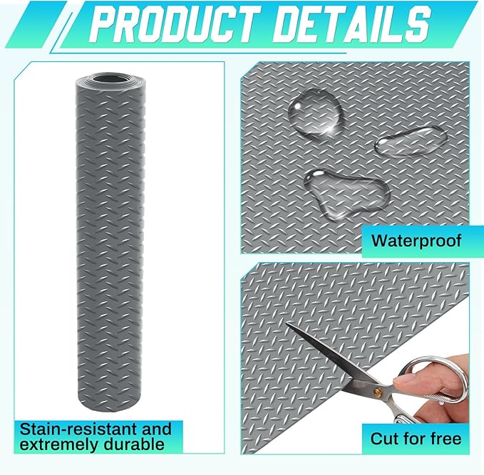 Breling 16 in x 10 ft Rubber Diamond Plate Rolls Garage Floor Mat for Under Car, Heavy Duty Flooring Rug for Trailers Garage, PVC Water/Stain Outside Stall Resistant Parking Rv Tool(Grey)