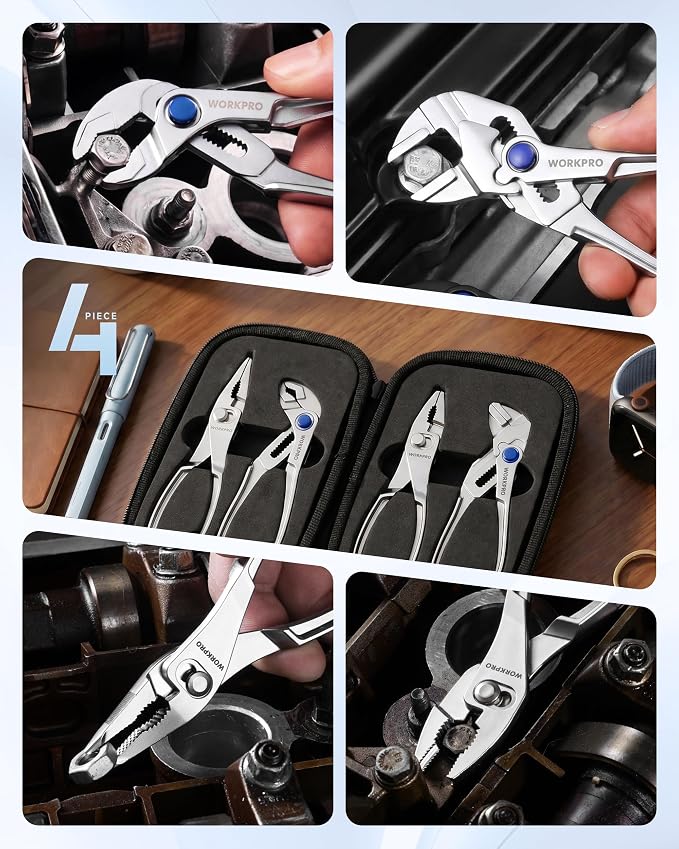 WORKPRO 4-Piece Mini Pliers Set with Pouch, Pocket Pliers, EDC Tool Gift | 4-Inch Plier Wrench, Slip Joint Plier, Water Pump Plier, 4.5-Inch Long Nose Slip Joint Plier, Alloy Steel, Anti-Rust Coating