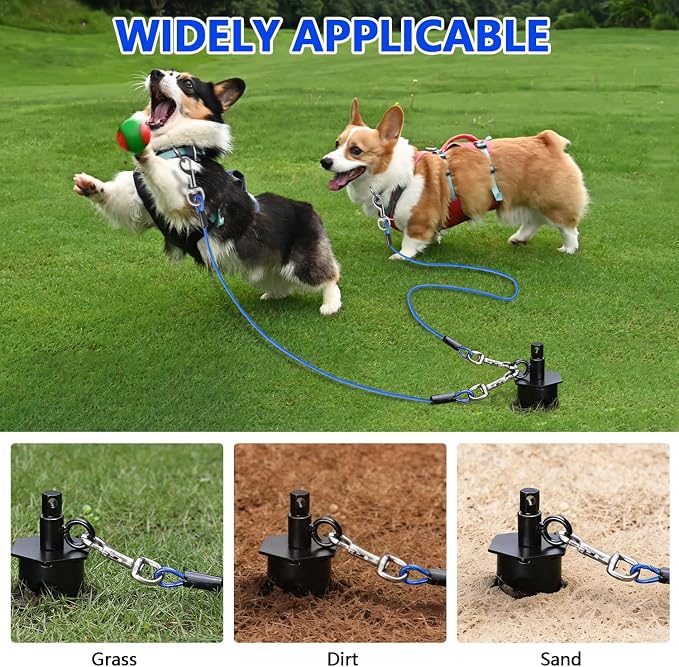 Dog Tie Out Cable&Stake,2x16FT Dog Leads for Yard,Heavy Duty Ground Anchor | Spiral Dog Stake with 360°Swivel Ring,Chew Proof Rust Dog Tether for Outdoor Yard, Beach, Camping up to 220lbs