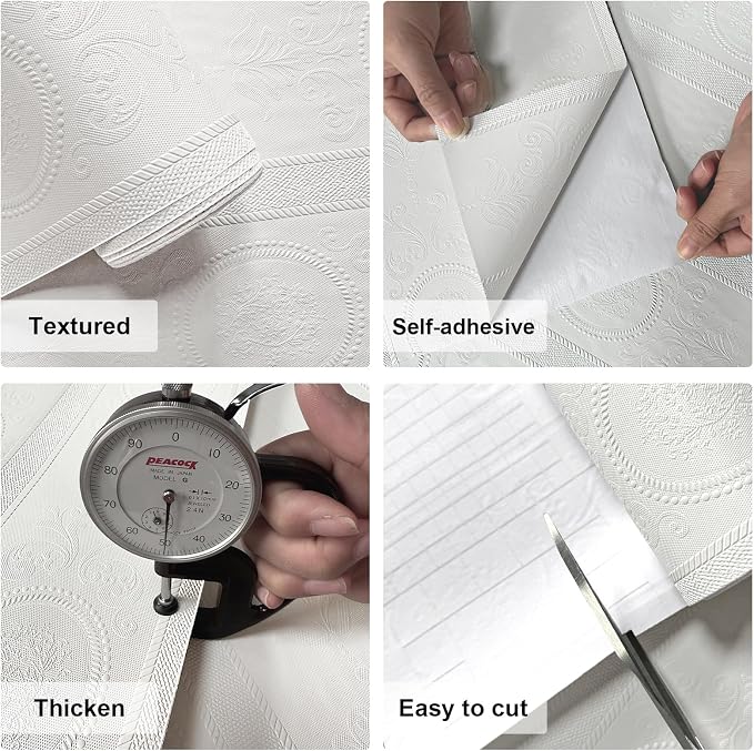 White 3D Embossed Textured Peel Stick Wallpaper 17.3"x1200" | Removable Renter Friendly Contact Paper, Waterproof Self Adhesive Wallpaper for Bedroom, Bathroom, Decor,144 sq.