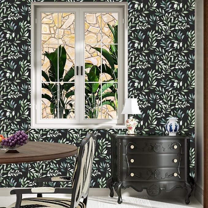 Danodoi Black Green Vintage Leaves Peel and Stick Wallpaper 17.5" x 118" | Waterproof Vinyl Self Adhesive Removable Renter Friendly Floral Contact Paper