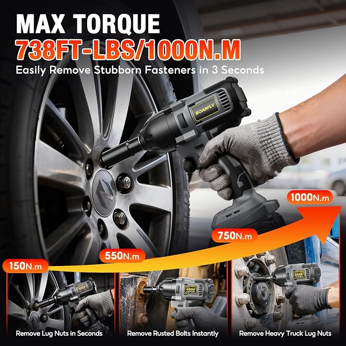 1/2" Cordless Impact Wrench, 738 Ft-lbs (1000 N.m) Impact Gun | 2x 4.0Ah Batteries, 3 Speed, Brushless Motor, LED Light, 6 Sockets, High Torque Impact Driver for Home Car/Mower/Truck RV