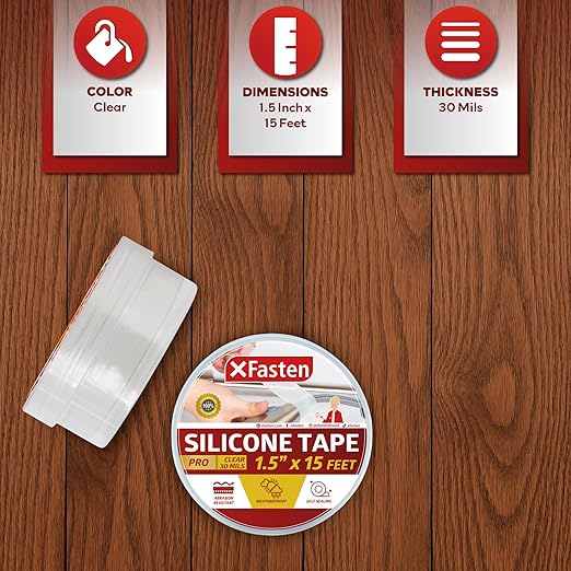 XFasten Self-fusing Silicone Tape Pro, Clear, 1.5-Inch x 15-Feet, 30mils Extreme Silicone Repair Pipe Tape for Electrical, Radiator Hose, Garden Hose, Coax Plumbers Water Seal and Stretch Tape