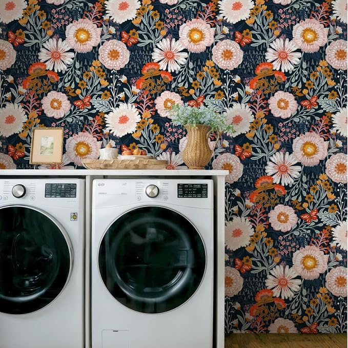 Dimoon 394"x17.3" Pink Orange Vibrant Floral Contact Paper Peel and Stick Wallpaper Boho Contact Paper Wallpaper