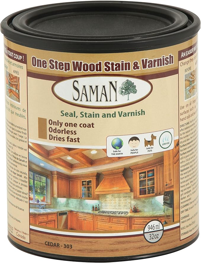 SamaN Interior One Step Wood Seal, Stain and Varnish – Oil Based Odorless Dye - Protection for Furniture and Fine Wood (Cedar SAM-303, 32 oz)