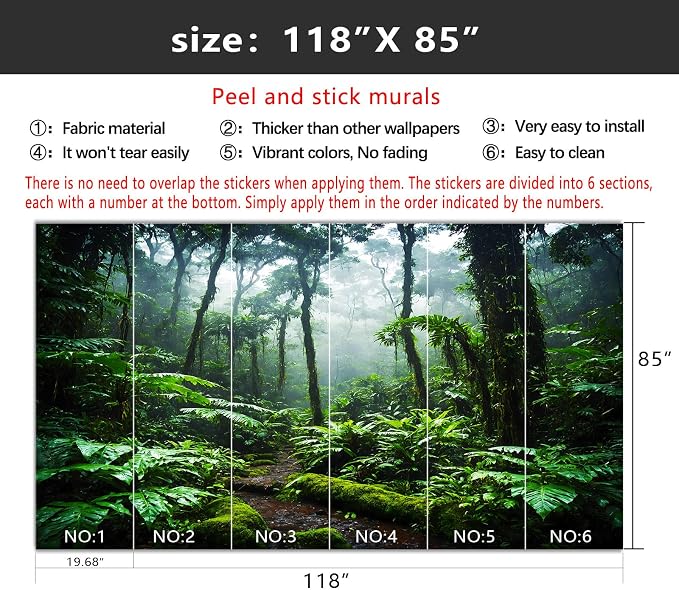 YIHWM-Peel and Stick Tropical Rainforest Wallpaper Green Jungle wall Mural | Tear-resistant,with a substantial feel;Will not be damaged during repositioning.Bathroom,Bedroom wallpaper.M-118"x85"