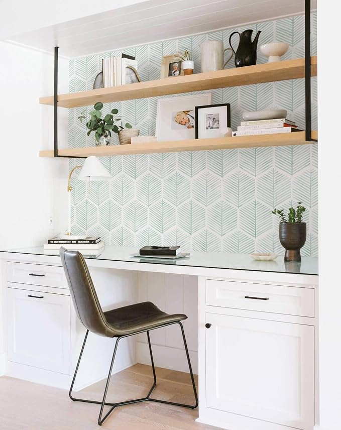MelunMer Geometric Peel and Stick Wallpaper Boho Green White 17.3''×787'' | Modern Self Adhesive Removable Wallpaper for Bedroom/Bathroom Waterproof, Contact Paper for Cabinets, Drawers Easy to Install