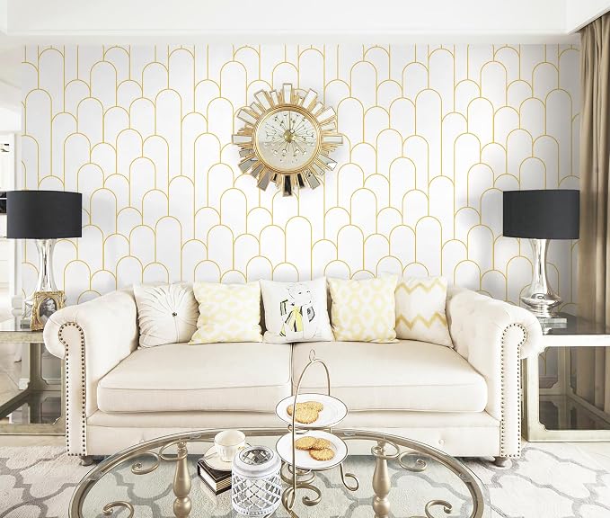Yasinet Peel and Stick Wallpaper White and Gold Wallpaper Geometric Contact Paper Modern Stripe White Gold Removable Self Adhesive Wall Paper Decorative Wall Bedroom Vinyl Film 17.3''x118''