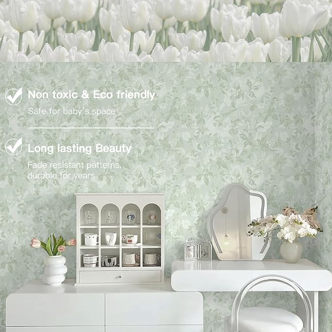 17.3" X 197" Peel and Stick Wallpaper Floral Boho Green Contact Paper Bird Cute Girl Modern Wall Paper Renter Friendly Waterproof Removable Self Adhesive Bedroom Kitchen Dorm Cabinets Vinyl