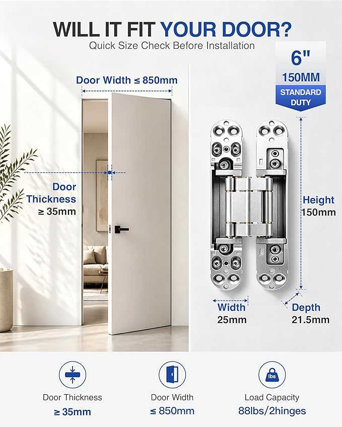 Onedaful 2 Kits 6 inch Stainless Steel Hidden Door Hinges Invisible Hinges for Door, 180 Degree Swing Concealed Hinges, 3 Way Adjustable & Heavy Duty for Secret Door (Load-Bearing Up to 170lbs)