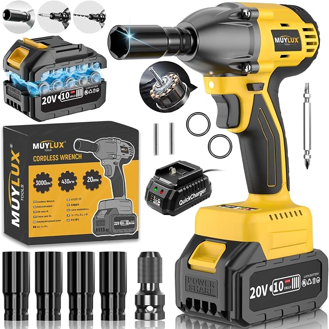 4.0Ah Battery Cordless Impact Wrench, Brushless 1/2 Impact Gun, 320Ft-lbs(430N.m) 20V High Torque Power Impact Driver, Electric Impact for Car Home