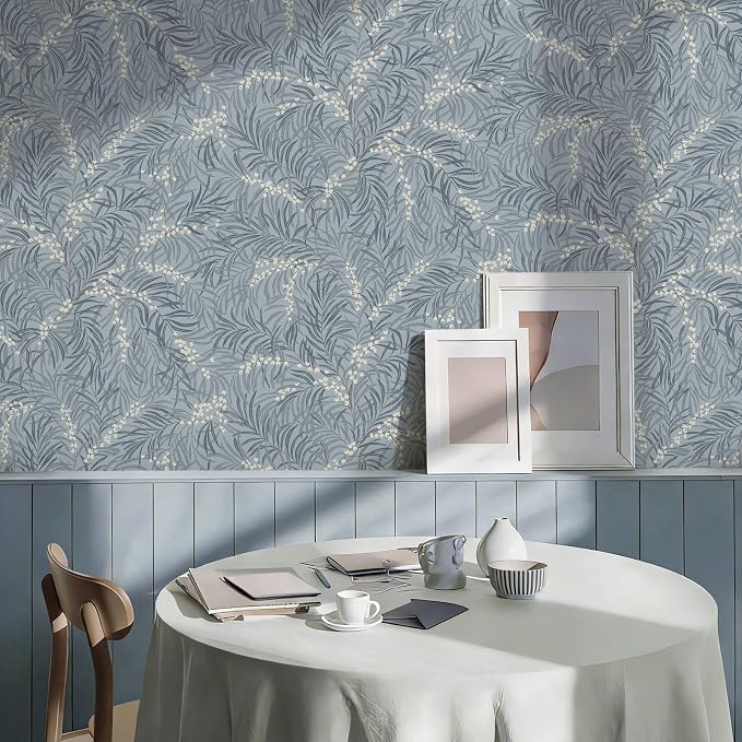 Ismoon Vintage Wallpaper Peel and Stick Dusty Blue Botanical Wallpaper 17.3in x6.56ft Leaf Removable Waterproof Blue/White Contact Paper for Bedroom Kitchen Renter Friendly Wall Decor Vinyl