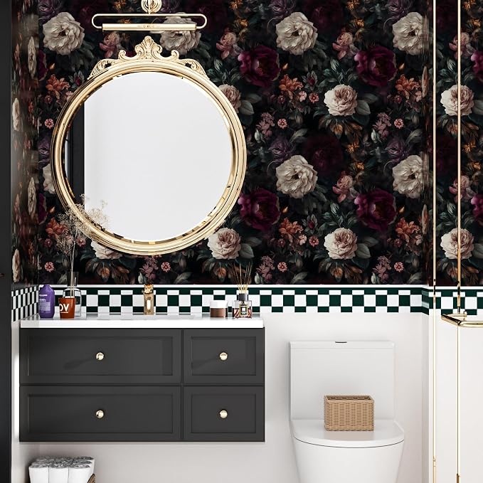 ILHIIOR Black/Pink Floral Peel and Stick Wallpaper 17.5 x 787 Inches | Leaf Removable Self Adhesive Waterproof Contact Paper, Renter Friendly Decor for Cabinets, Drawers & Bedroom Walls