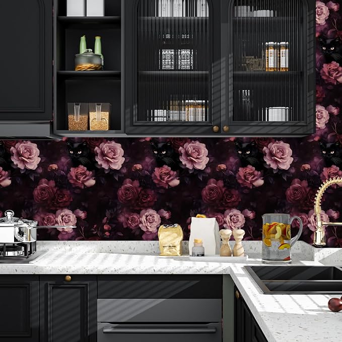 Purple Pink Vintage Cat Peel and Stick Wallpaper 17.5" x 118" | Waterproof Vinyl Self Adhesive Removable Renter Friendly Floral Contact Paper