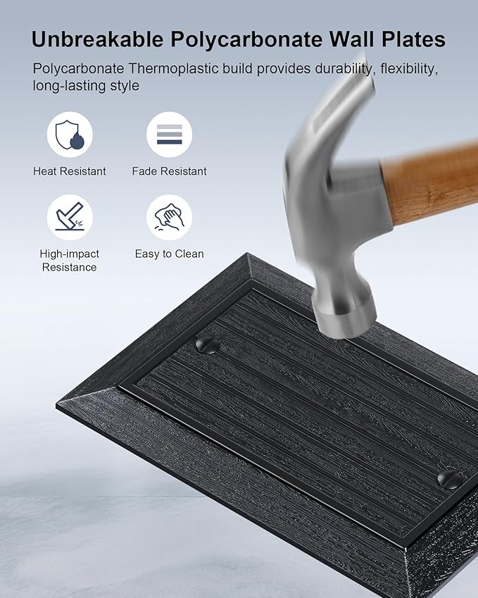 2-Pack Classic Beadboard Single Blank Wall Plate, Unbreakable Polycarbonate Wall Plate Cover, Matte Black 1 Gang Wall Plate for Unused Outlets/Switches