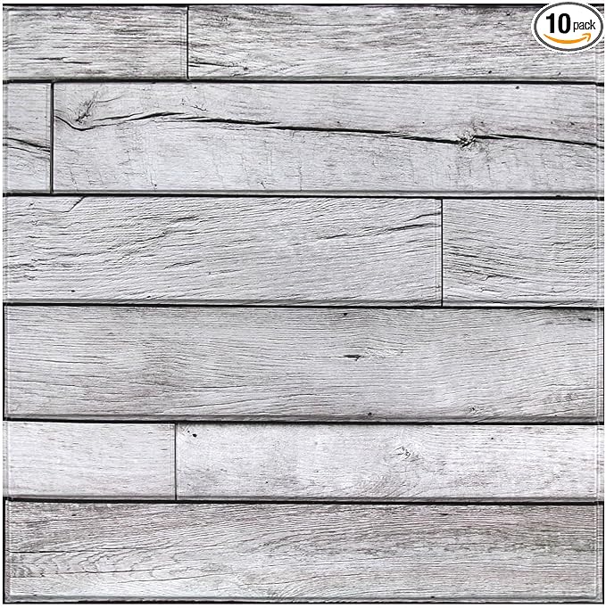 COMSTICKC Peel and Stick Shiplap Faux Wood Wall Sticker, 10 Pcs of 12" x 12", Ultra-Light Thin PVC 3D Fake Wood Self-Adhesive Wall Covering Panels for Interior Farmhouse Decor, Vintage Gray