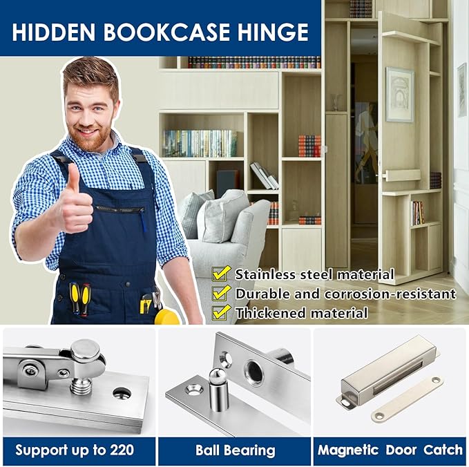 Heavy Duty Pivot Hinge Set with Magnetic Door Catch for Wood Door, HBL' Hidden Door Hinge for Secret Door, Swing Door, with 360 Degree Rotation, Invisible Pivot Door Hardware for Bookshelf.
