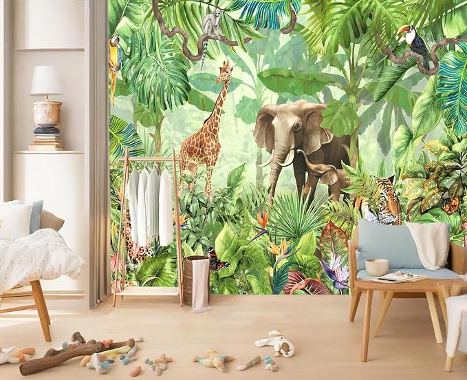 YIHWM-Peel and Stick Animal Wallpaper Tropical Rainforest Zoo Theme Mural | Tear-resistant,with a substantial feel;Will not be damaged during repositioning.Boy's Room,kids room wallpaper.XL-157"x108"