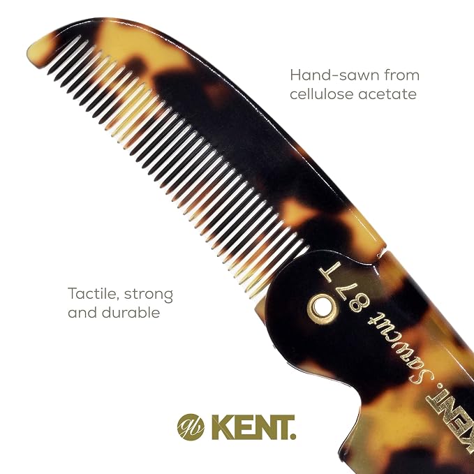 Kent 87T TY Handmade Folding Pocket Comb for Men, Fine Tooth Hair Comb Straightener for Everyday Grooming Styling Hair, Beard or Mustache, Use Dry or with Balms, Saw Cut Hand Polished, Made in England