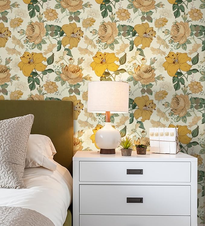 Hopepak Yellow Floral Peel and Stick Wallpaper Modern Flower Contact Paper 16.1'' x 118'' Self Adhesive Removable Waterproof Wall Paper for Bedroom Cabinets Living Room Decor