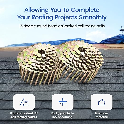 meite 14,400PCS Coil Roofing Nails 1-1/2 Inch Leg for Roofing Nailer Gun, 15 Degree Round Head Wire-Weld Collated Coil Nail, Pro Contractor-Pack Roofing Nails for Roof Repair Asphalt Shingles