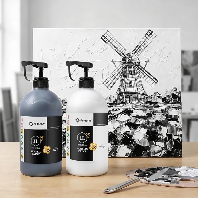 Artecho Mars Black Acrylic Paint 1000ml (33.8 fl oz) with Pump Dispenser – High Pigment for Exceptional Coverage, Large Bottle Craft Paint for Canvas, Wood, Rocks, Fabric, Ceramic – Non-Toxic
