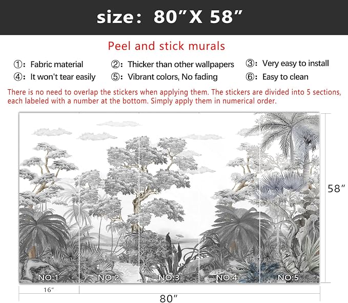 YIHWM-Peel and Stick Tropical Rainforest Wallpaper Grey Jungle Plants Mural | Tear-resistant,with a substantial feel;Will not be damaged during repositioning.Bathroom,Bedroom wallpaper.S-80"x58"