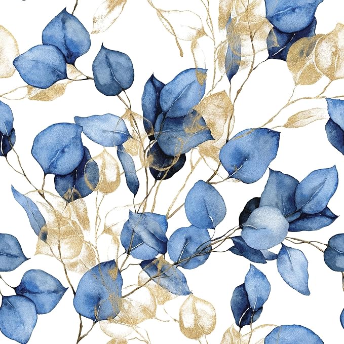 Livelynine Moody Blue Botanical Peel and Stick Wallpaper Navy White Gold | botanical wallpaper navy blue white and gold watercolor eucalyptus leaf self adhesive contact paper decorative 17.5x78.8"
