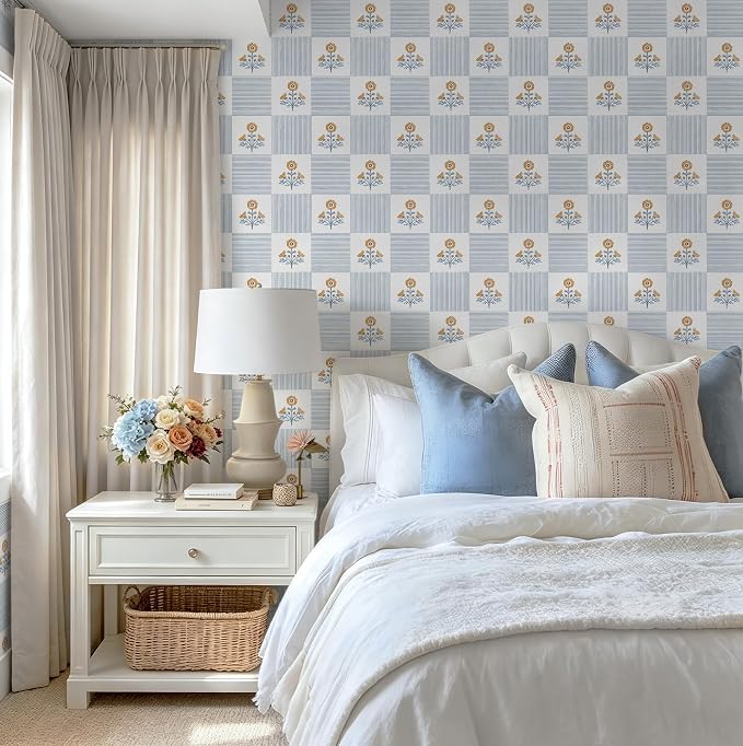 Guvana Blue Floral Peel and Stick Wallpaper Vintage Floral Wallpaper Boho Wall Paper Removable Modern Contact Paper Vinyl Self Adhesive for Bedroom Bathroom Kitchen Livingroom Covering 17.3" x 78.7"