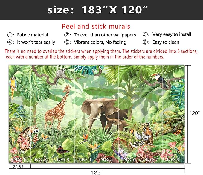 YIHWM-Peel and Stick Animal Wallpaper Tropical Rainforest Zoo Theme Mural | Tear-resistant,with a substantial feel;Will not be damaged during repositioning.Boy's Room,kids room wallpaper.XXL-183"x120"