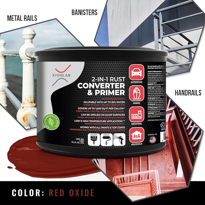 Xion Lab 2 in 1 Rust Converter & Metal Primer - Covers Up to 4X More - Industrial Grade Water Based UV Resistant Rust Reformer - No Top Coat Needed - Rust Inhibitor Works On Damp Surfaces (Pint)