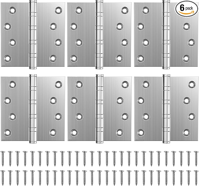 KOLET Ball Bearing Door Hinges, 4 x 4 Inches Square Door Hinges Brushed Nickel, Square Corner, Stainless Steel Hinges, Heavy Duty, Smooth and Non Removable Pin, 6 Pack