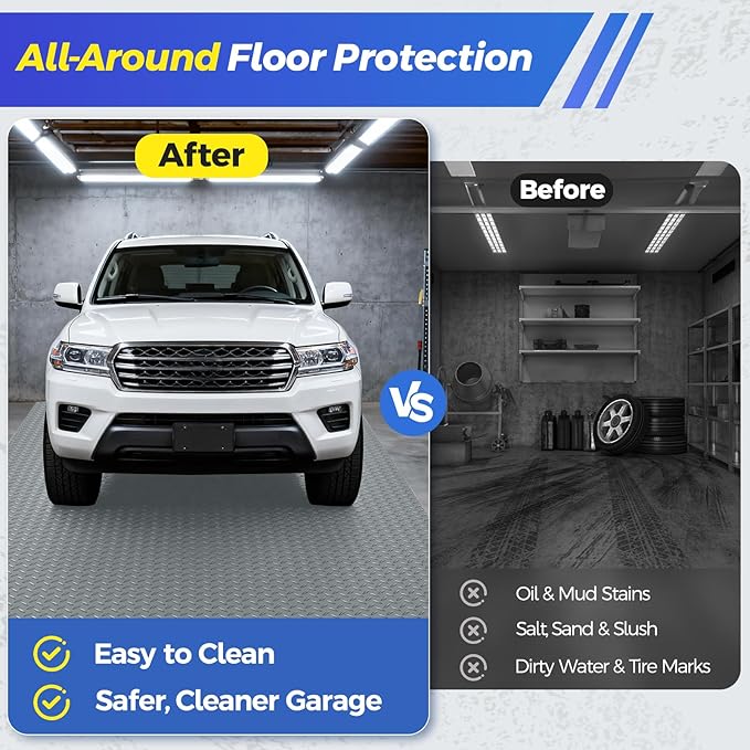 8x21 FT Garage Floor Mat, 2.8mm Thickened Garage Flooring Heavy Duty Rubber Garage Floor Mats for Under Car, Diamond Plate Garage Mat for Garage, Workshop, Enclosed Trailer