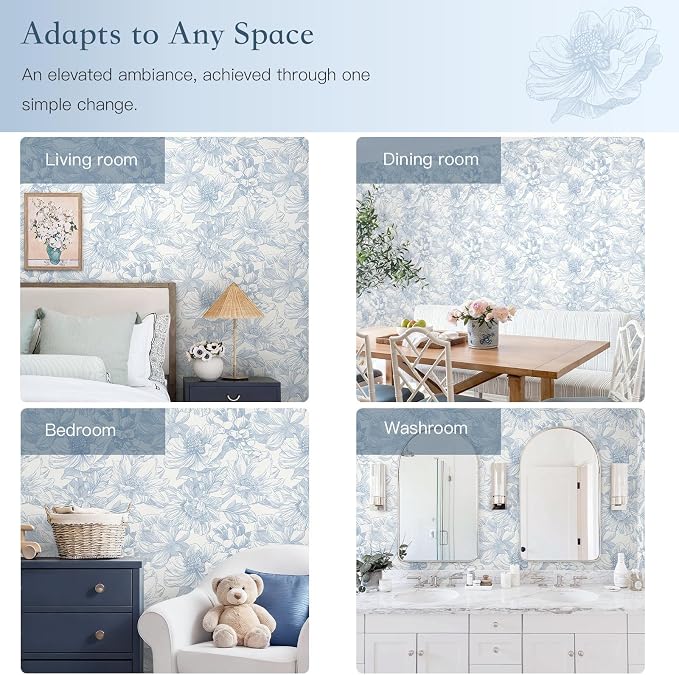 394"x17.3"Vintage Style Blue Floral Line Wallpaper