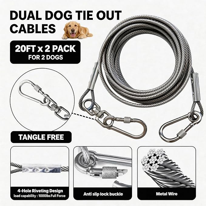 Dog Tie Out Stake with Shock Spring, Dual 20ft Cables, Heavy Duty 304 Stainless Steel Anchor, 2x360° No Tangle Swivel for Large Medium Small Dogs, Yard & Camping (Stake/2X20ft Cable/250lbs)